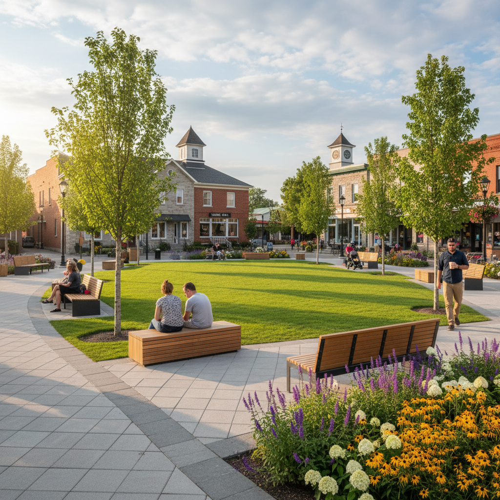 A community orchard with fruit trees and shared gathering space in Ontario