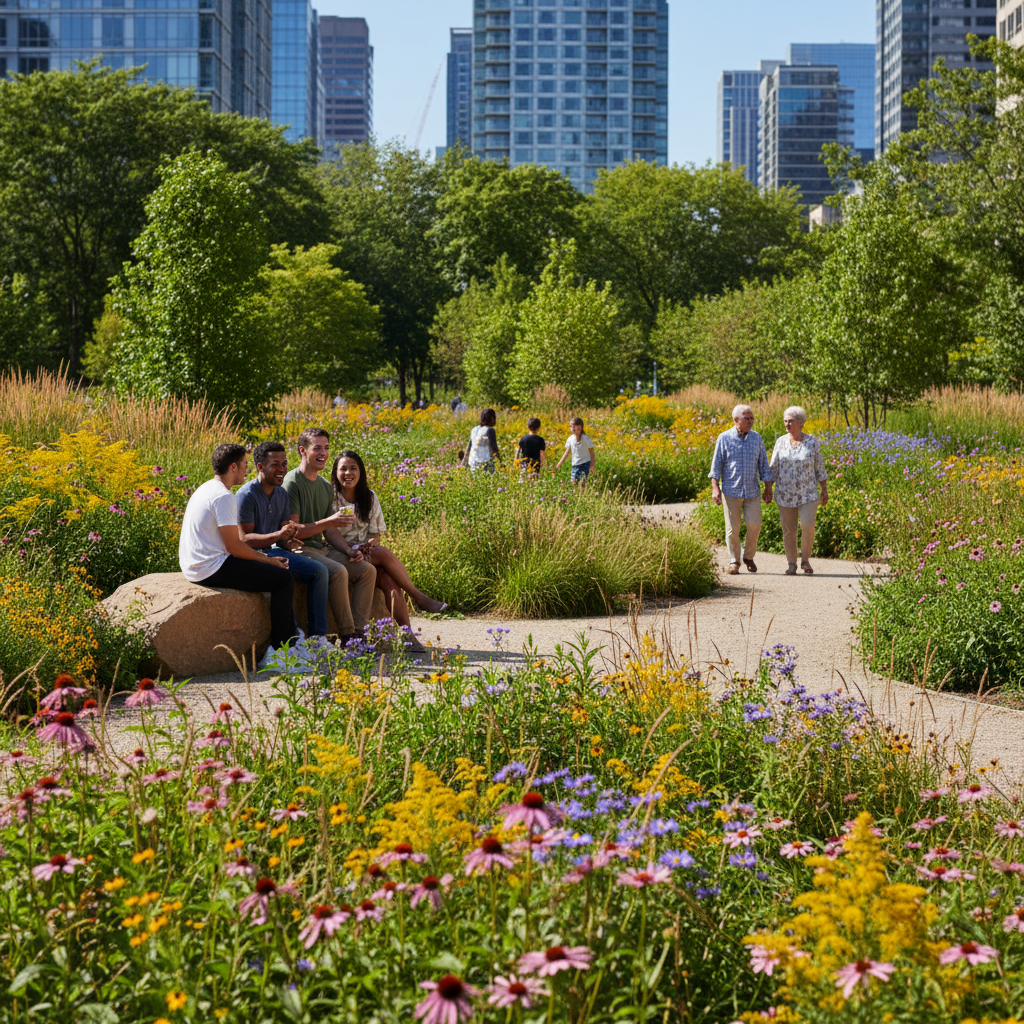 A lush green park with walking paths and mature trees