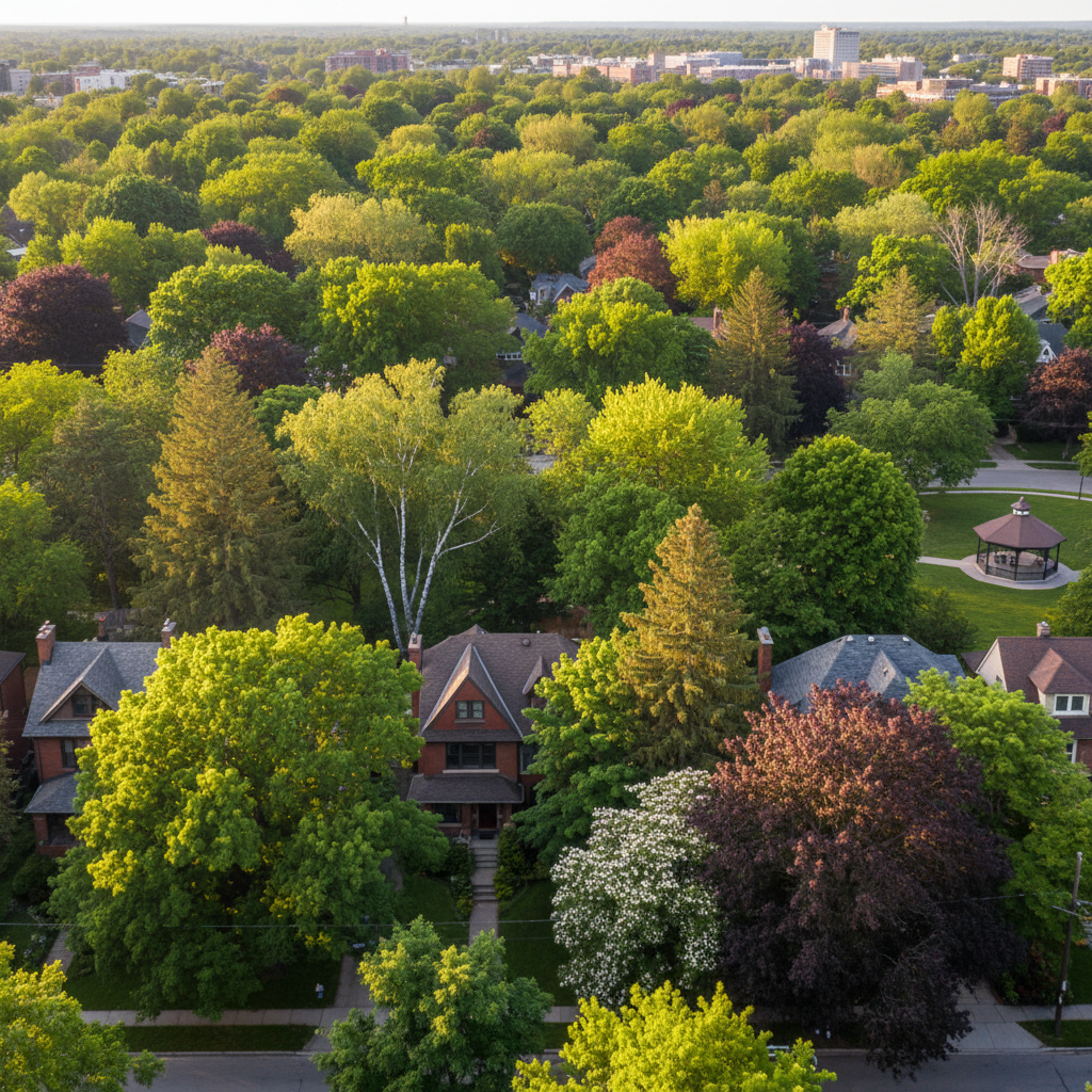 Dense urban tree canopy viewed from below showing overlapping branches and green leaves