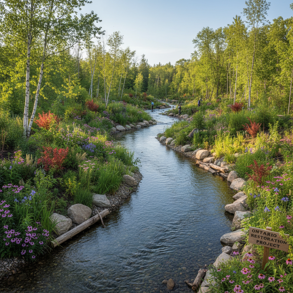 A small stream running through a naturalized corridor in an Ontario neighbourhood