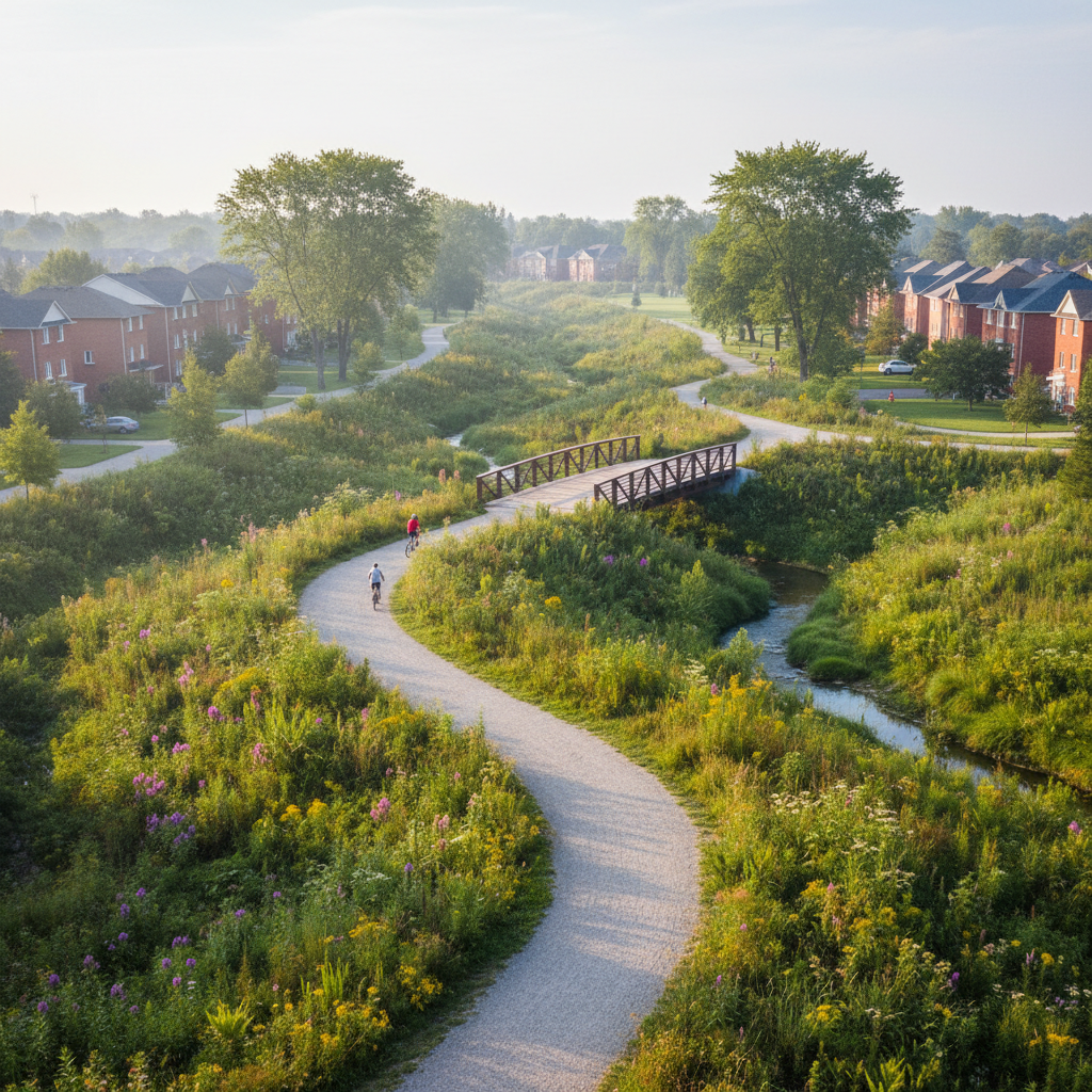 An aerial view of a green corridor connecting two residential areas through a naturalized linear park