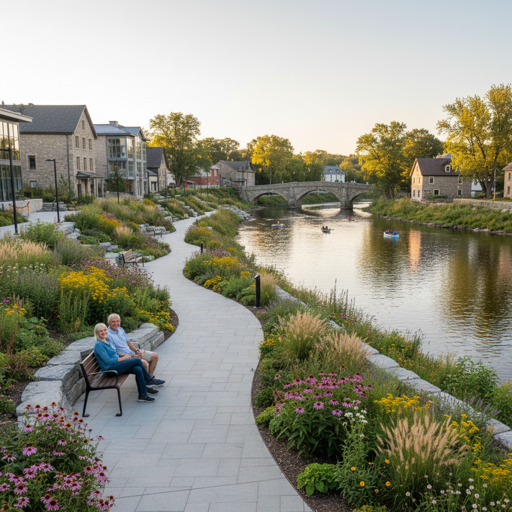 A restored riverfront path in a small Ontario town with families walking along the water