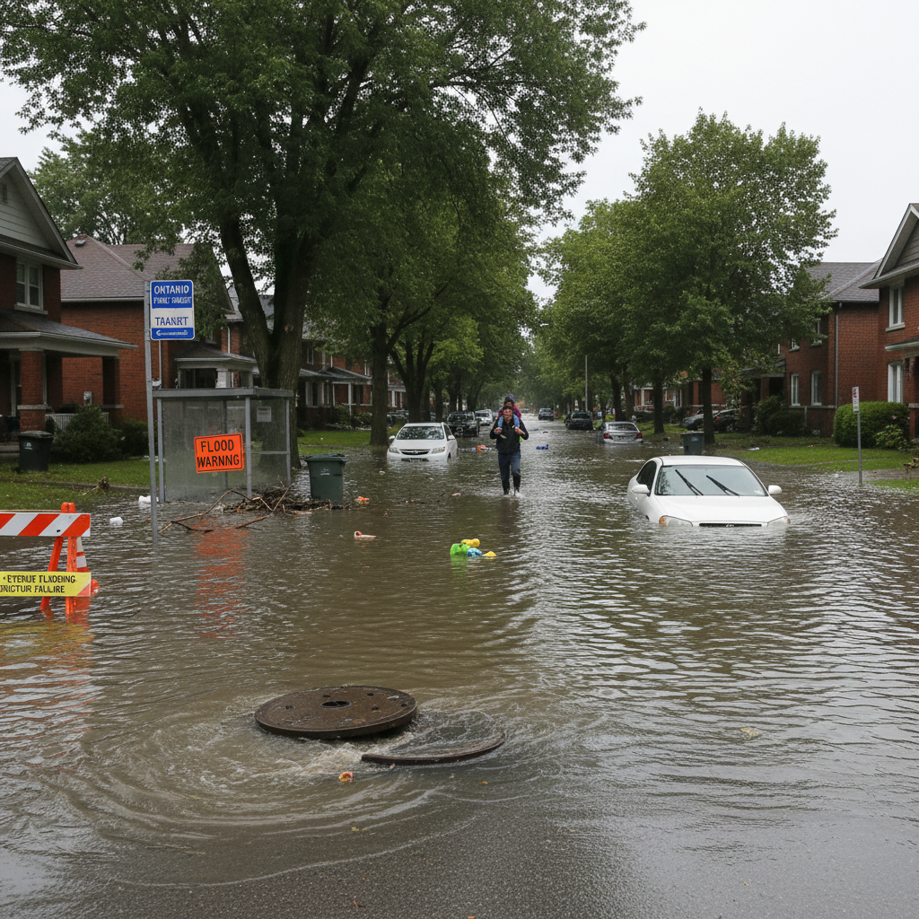 An urban street after heavy rainfall with water pooling near residential properties