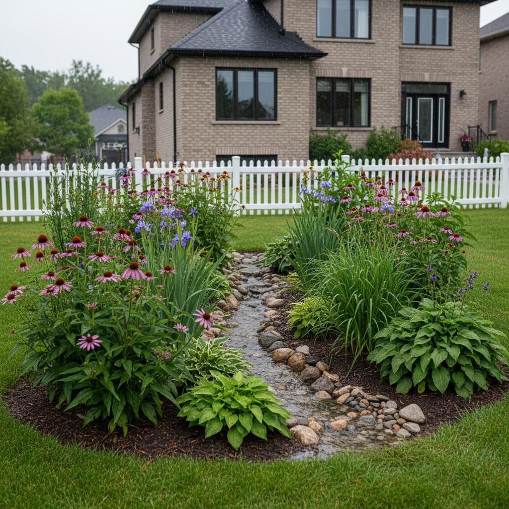 A rain garden with native grasses and perennials collecting stormwater runoff from an adjacent parking area