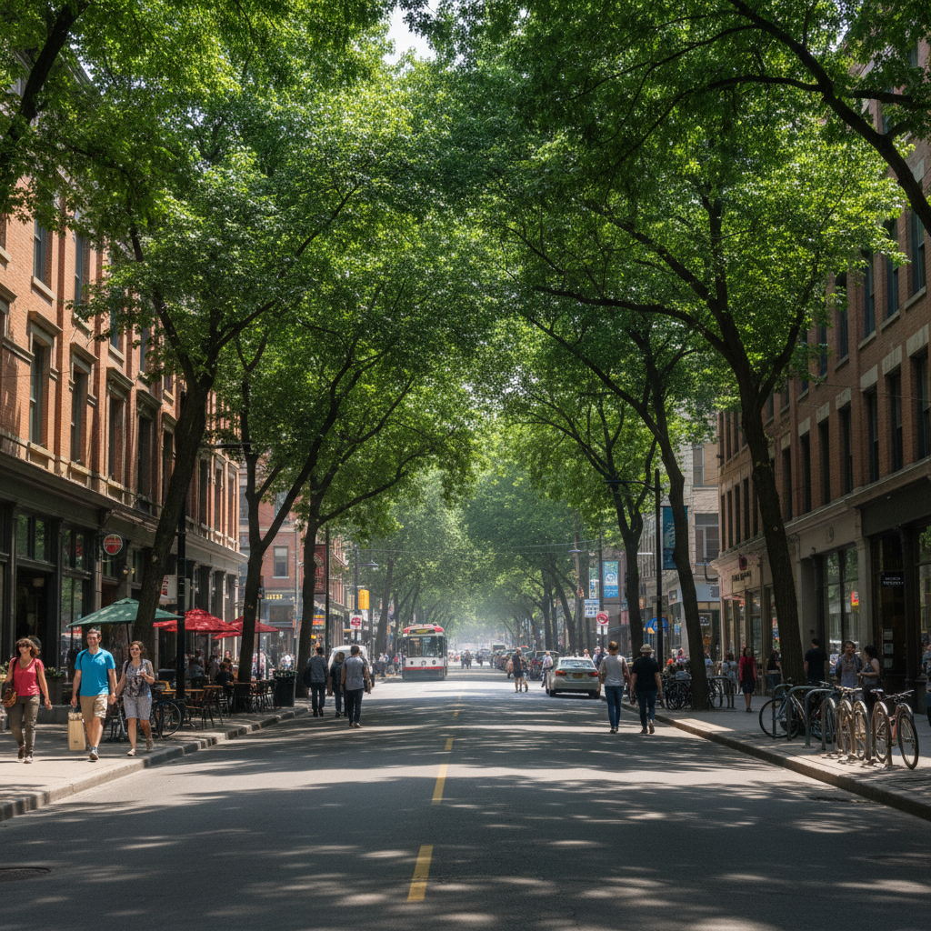 Tree-lined residential street in an Ontario town providing shade over sidewalks