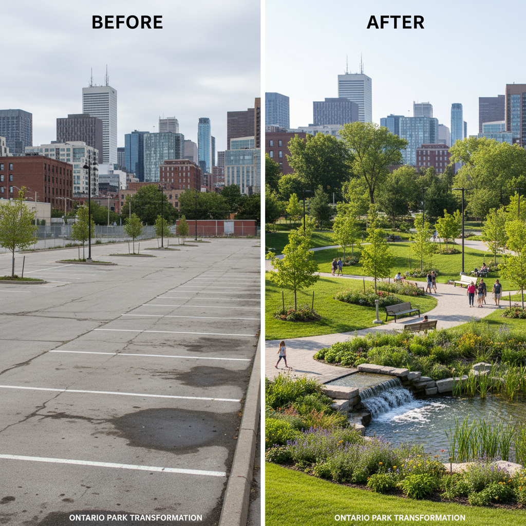 Before and after views of a neighbourhood stormwater project showing transformation from bare ground to lush rain garden