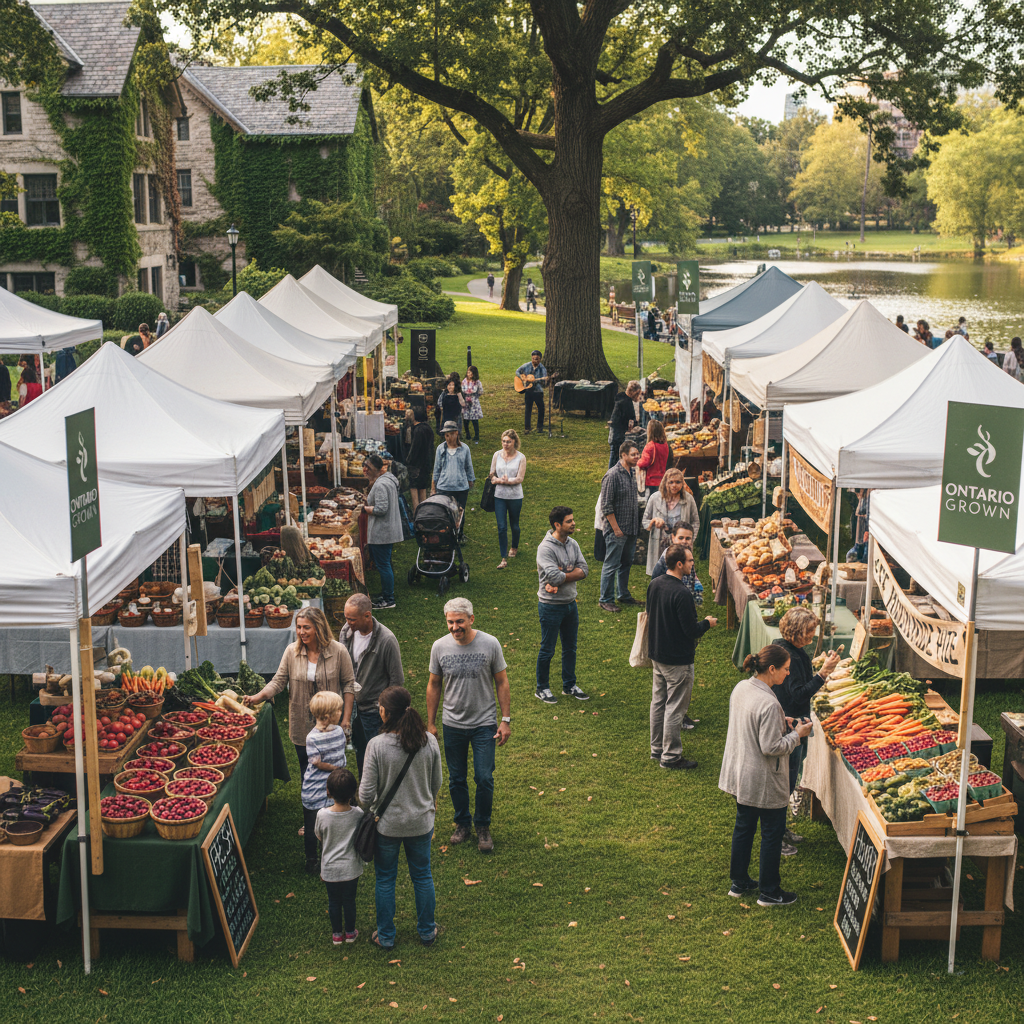 A community gathering at an outdoor market surrounded by fruit trees and garden beds in Ontario