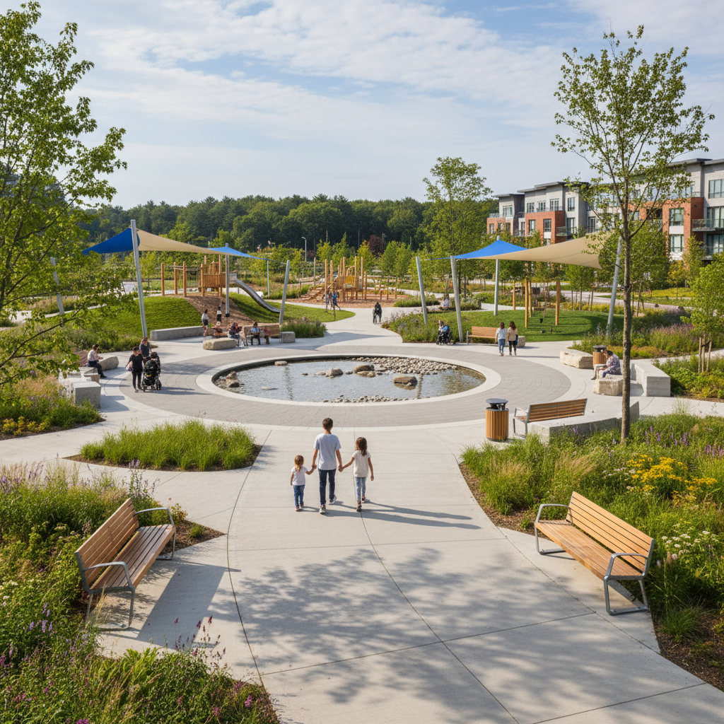 Families and individuals gathering in a riverside park with picnic tables and shade trees