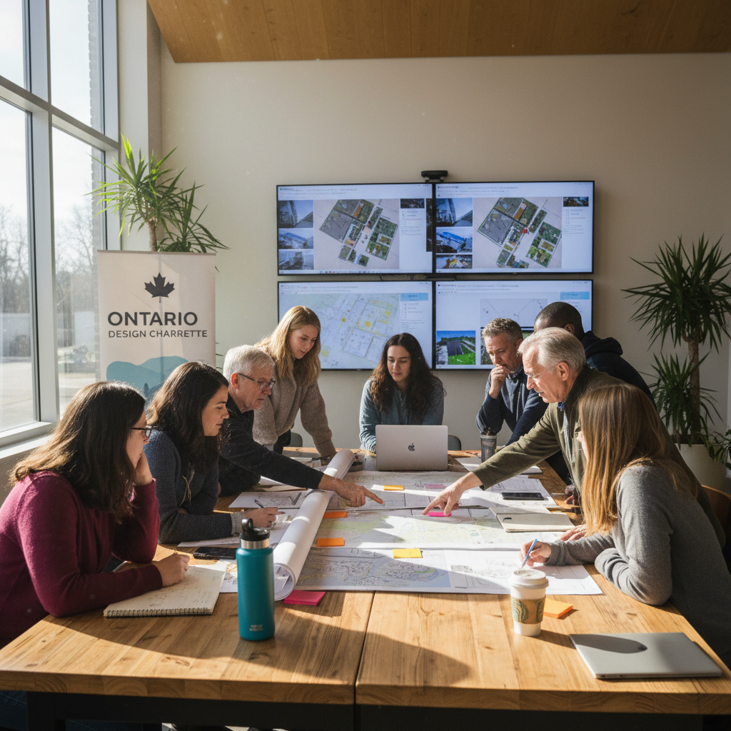 Community members gathered around a table reviewing public space design plans in a small Ontario town
