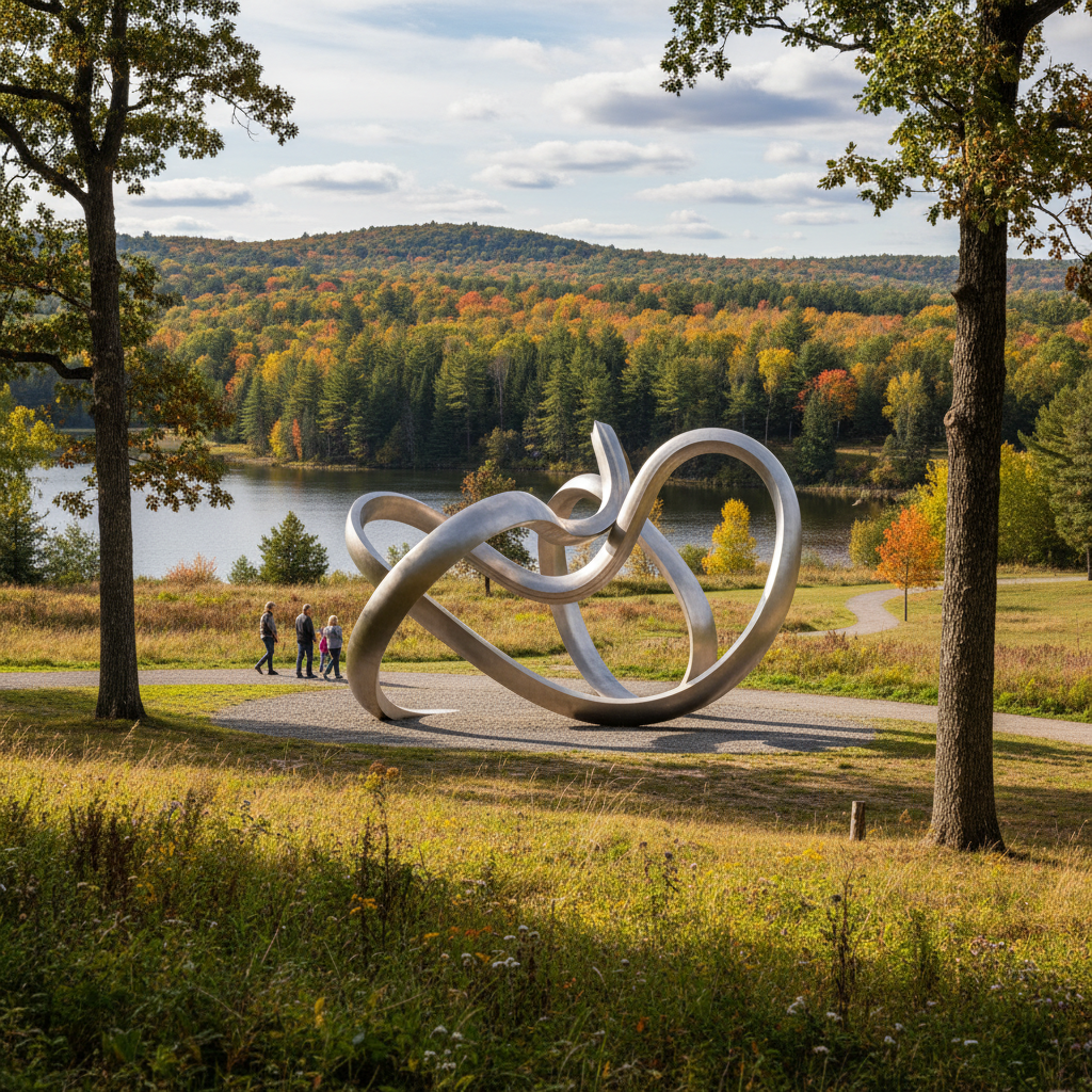 A public art installation integrated into a landscaped park in an Ontario community