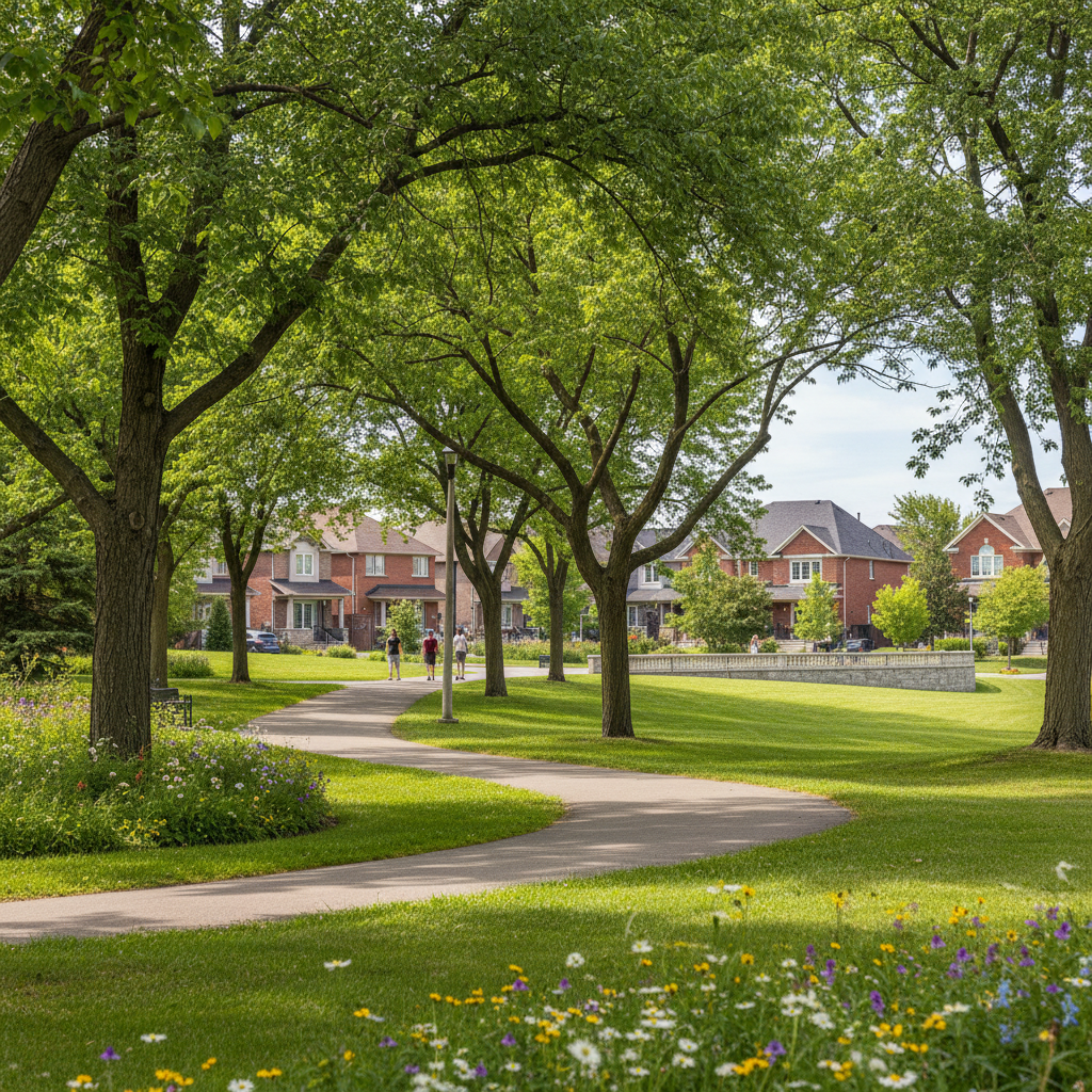 Children playing in a neighbourhood park with mature trees and open green space