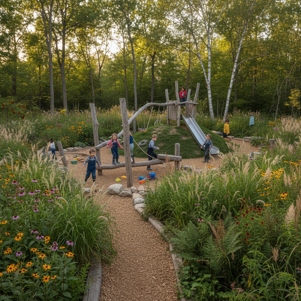 A natural playground with logs and boulders in an Ontario community park