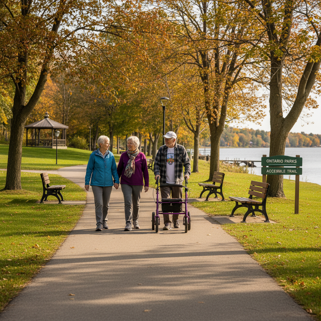 Seniors sitting on a bench beside a pond in an Ontario community park