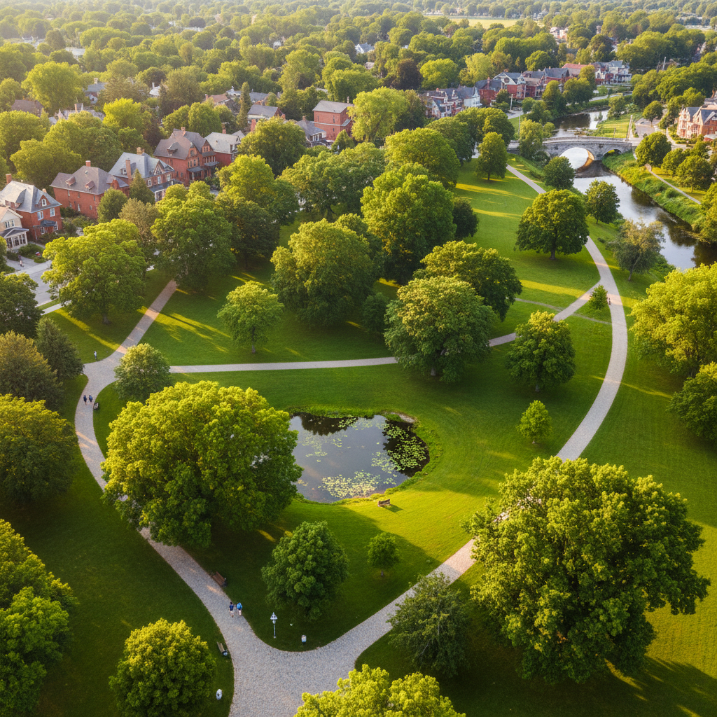 A sunlit public park with mature trees and walking paths in an Ontario community