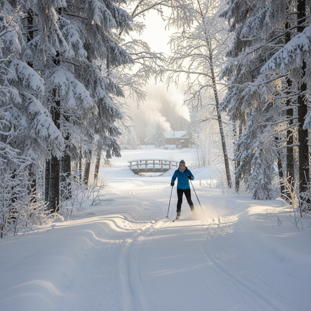 A snow-covered trail through a forest in Ontario with cross-country ski tracks